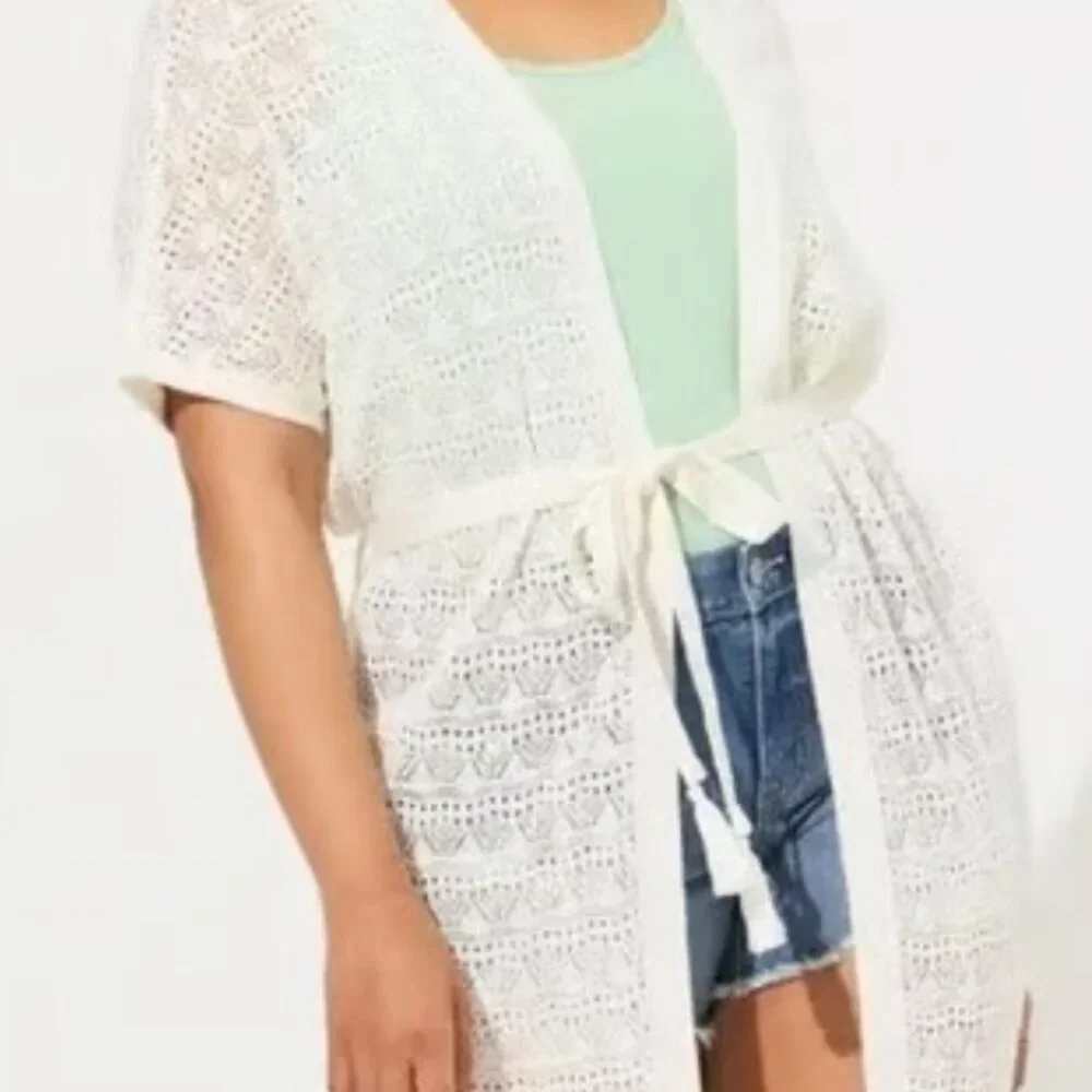 NEW Crochet Duster Short Sleeve Tie Waist Sweater White‎ Longline Cardigan